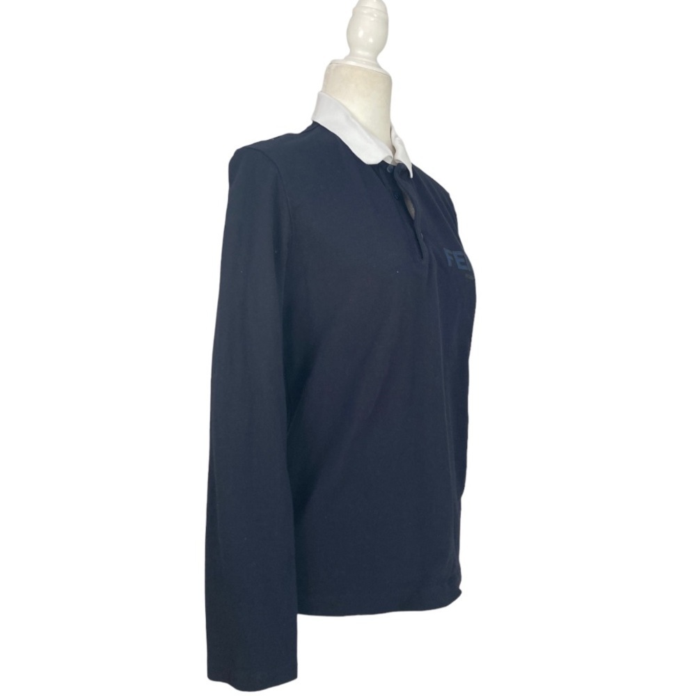 Fendi Long Sleeve Cotton Polo Shirt Blue contrast White Collar Fendi Logo - Picture 4 of 11